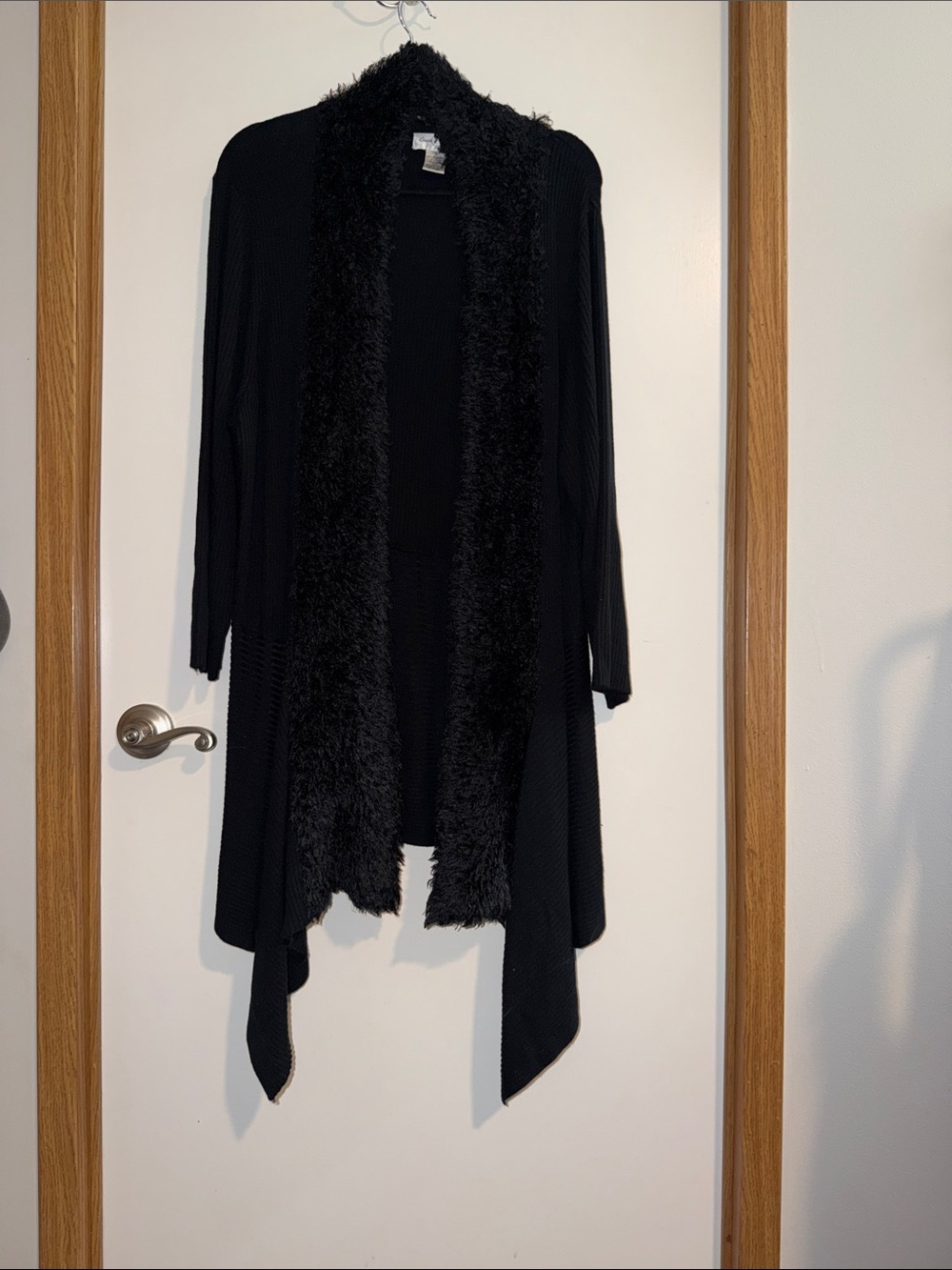 Avenue Black Faux-Fur Trim Drape-Front Cardigan